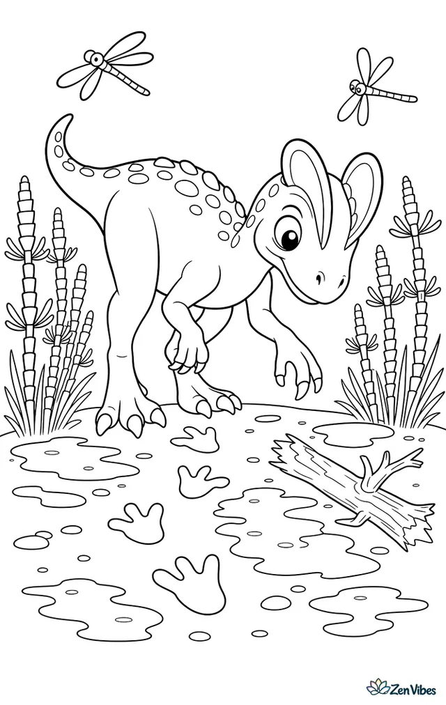 A dilophosaurus examines a trail of footprints in damp mud, surrounded by horsetails, puddles, dragonflies, and a broken branch beside a marshy clearing.