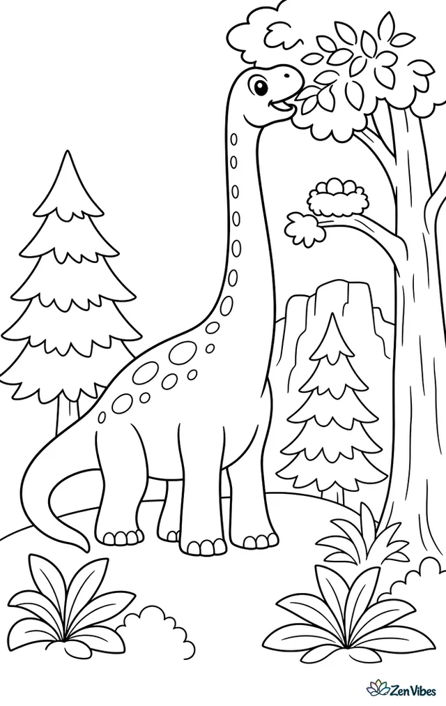 A brachiosaurus reaches high into treetops for fresh leaves, with tall conifers, a nest on a branch, rolling ground plants, and distant cliffs behind.