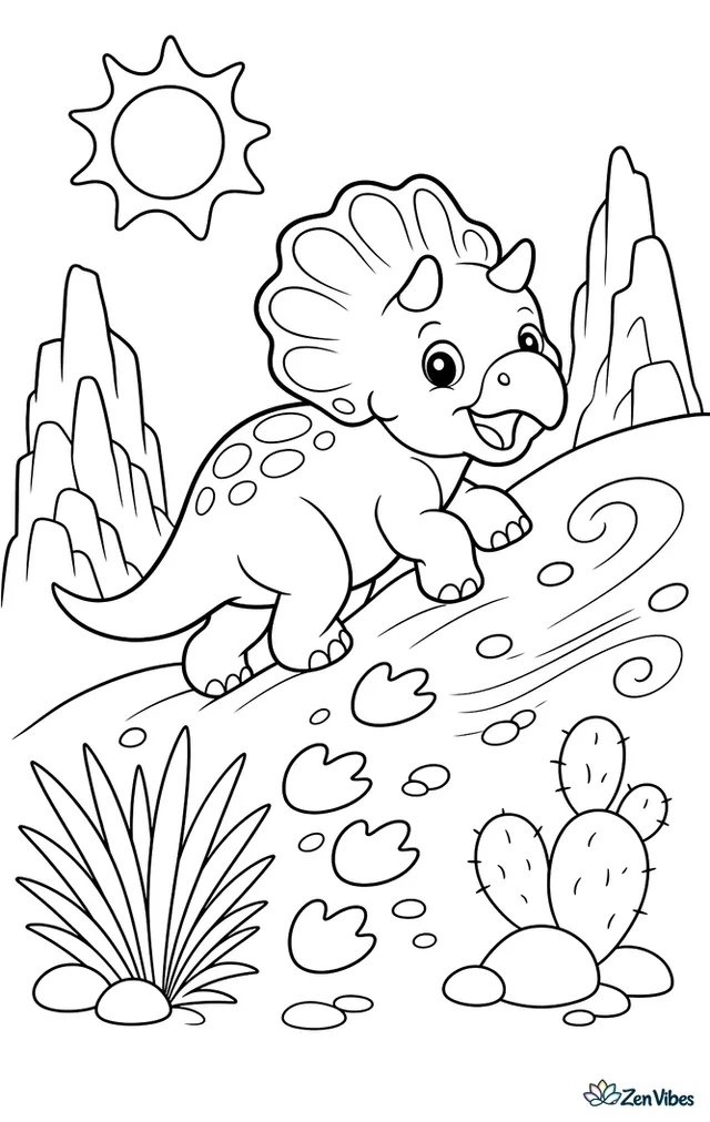 A protoceratops climbs a sandy dune, leaving tracks behind while desert plants, wind-swirled pebbles, a sun overhead, and jagged rock formations frame the scene.