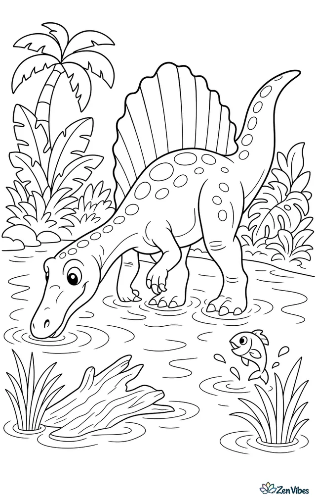 A spinosaurus wades at a riverbank searching the water, with ripples, reeds, driftwood, fish jumping nearby, and dense tropical plants along the shore.