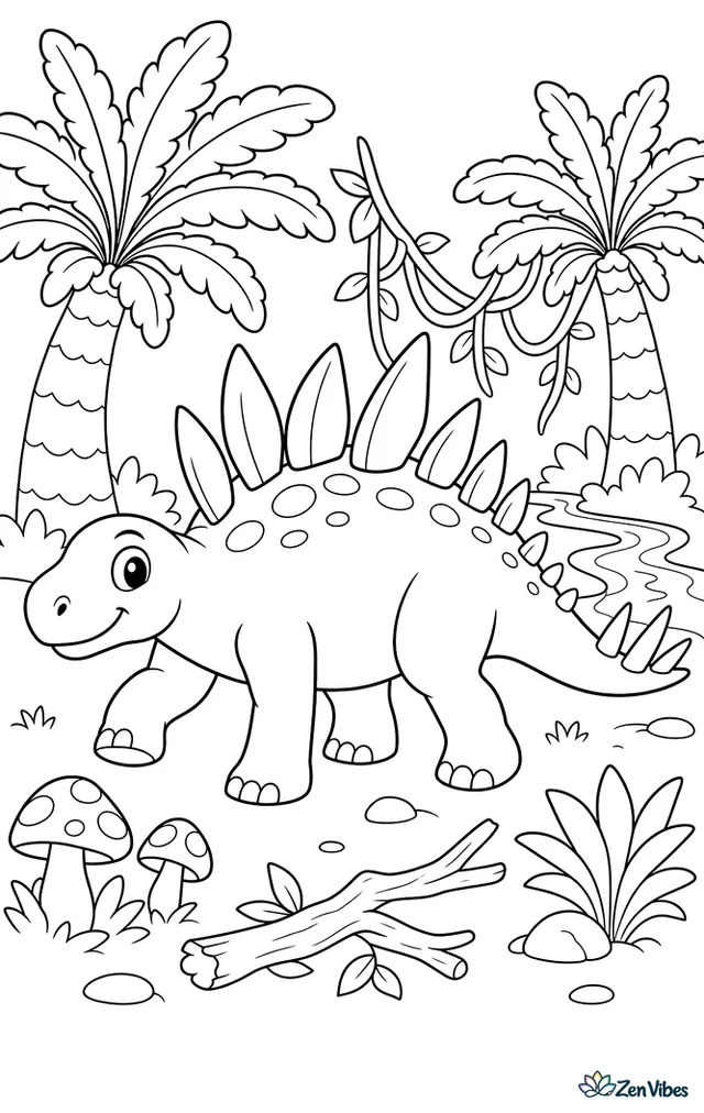 A kentrosaurus crosses a forest clearing under broad cycads, stepping around mushrooms and fallen branches while vines hang from trees and a stream curves behind.