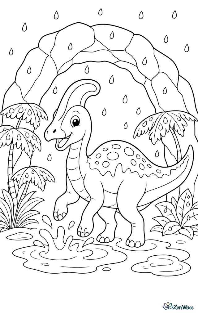 A lambeosaurus stands happily in a gentle rain shower, splashing in puddles while umbrella-shaped ferns, raindrops on leaves, and a sheltering rock arch surround it.
