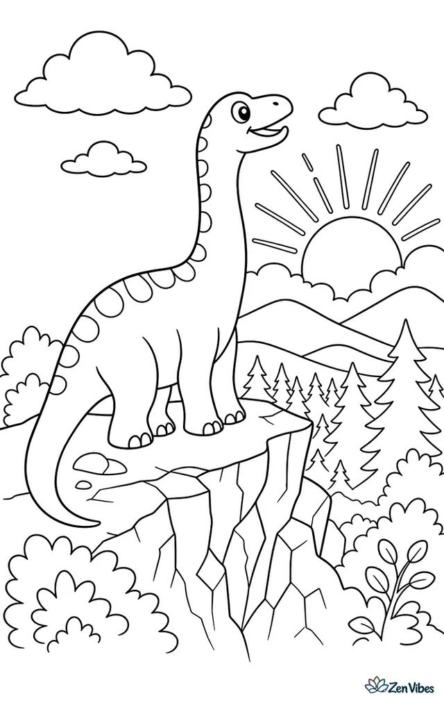 A plateosaurus greets the sunrise from a rocky overlook, stretching its neck toward glowing clouds while shrubs, cracked stones, and a valley full of conifers lie below.