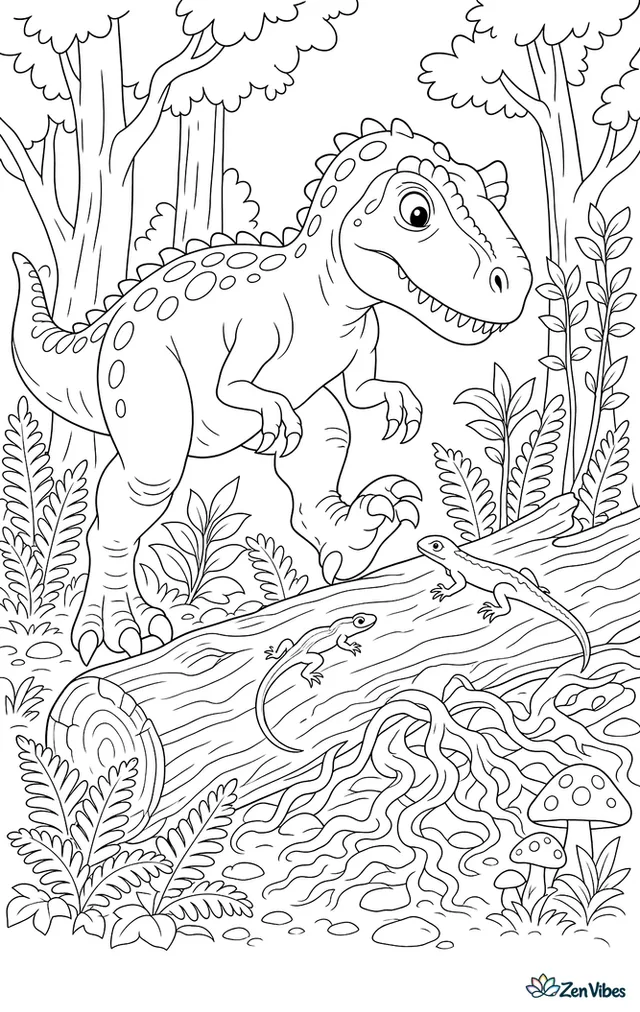 An allosaurus steps over a large fallen log in a ferny woodland, watching lizards on bark while saplings, mushrooms, tangled roots, and layered tree trunks fill the scene.