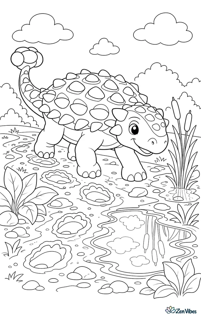 A euoplocephalus trudges along a muddy trail after rain, leaving deep footprints as puddles reflect clouds and cattails, stones, and broad-leafed plants line the path.