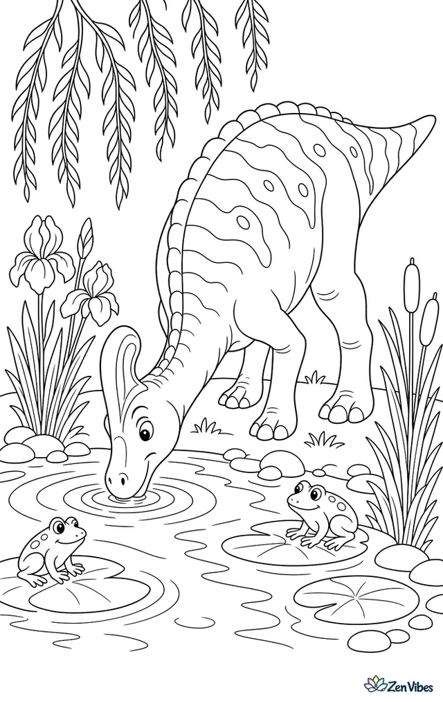 A corythosaurus drinks from a lily pond, creating circles on the water while frogs rest on pads and reeds, irises, pebbles, and willow-like branches surround the bank.