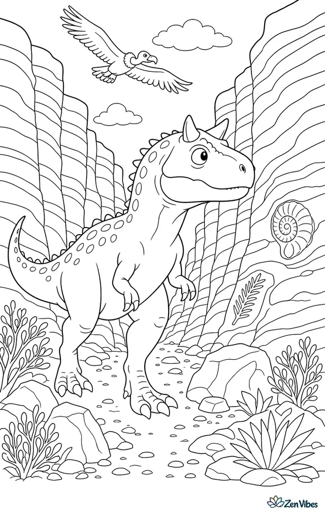 A carnotaurus walks through a narrow canyon, studying striped rock walls while desert shrubs, loose boulders, fossil shapes, and a vulture-like bird glide overhead.