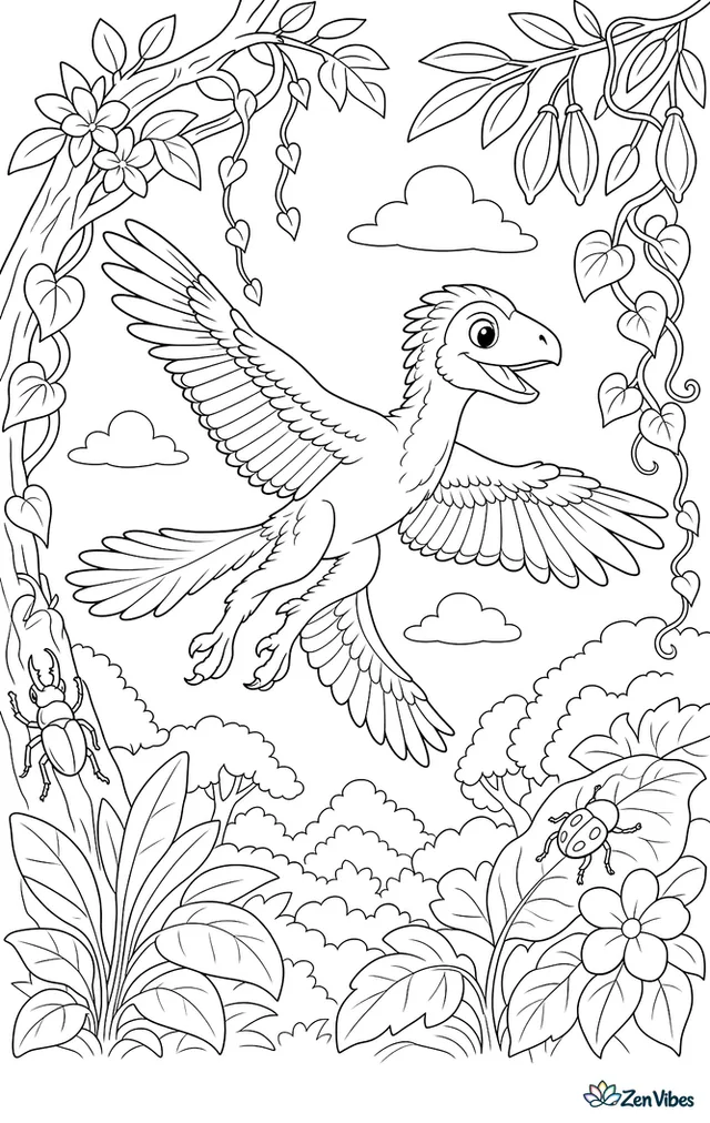 A microraptor glides between two tree branches in a lush forest, passing hanging vines, seed pods, flowers, beetles, and layered leaves in the canopy.