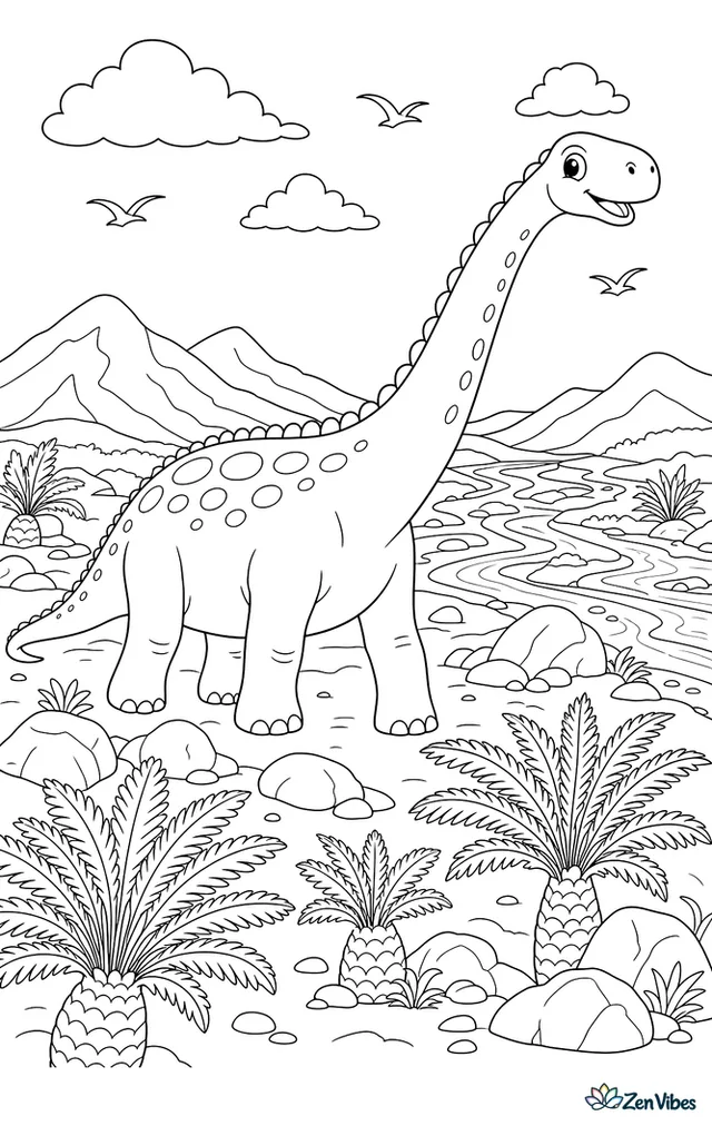 A mamenchisaurus crosses a wide valley, its long neck curving above cycads while boulders, a braided stream, distant hills, and small birds create depth around it.