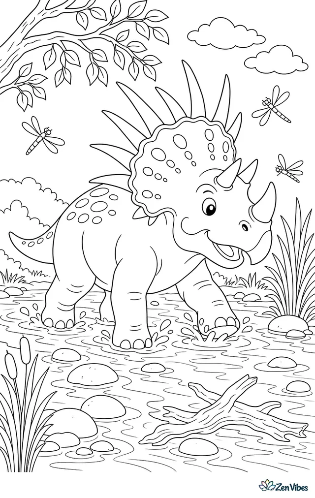 A styracosaurus carefully fords a shallow river, splashing around rounded stones as rushes, driftwood, overhanging branches, and dragonflies decorate the calm crossing.