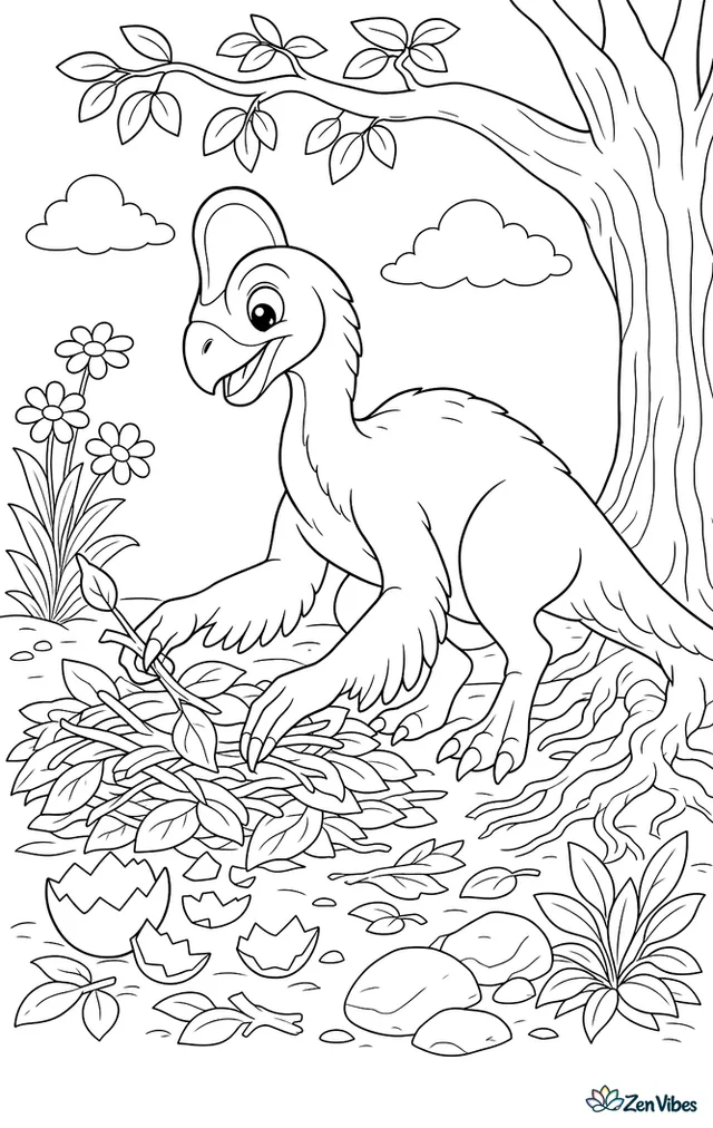 An oviraptor tidies a nest clearing, arranging leaves and twigs while nearby eggshell fragments, flowering plants, roots, and smooth rocks sit beneath a protective tree.