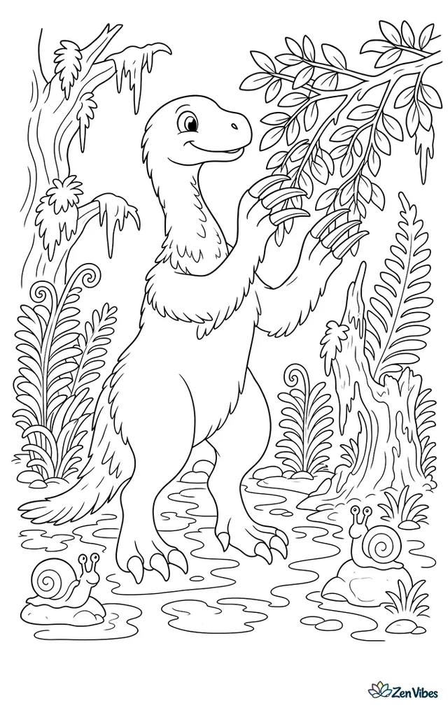 A therizinosaurus gently pulls leafy branches toward itself in a swampy grove, with towering ferns, hanging moss, puddles, snails, and crooked trunks around its feet.