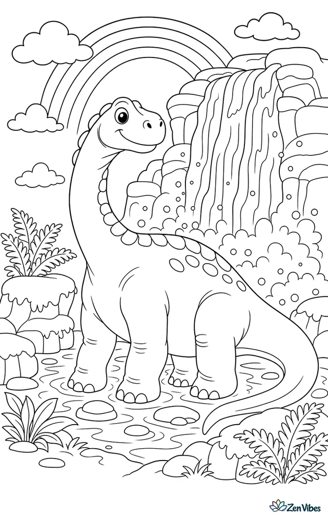 A camarasaurus pauses near a cascading waterfall, cooling off in mist while slippery stones, mossy ledges, ferns, and a rainbow arc brighten the rocky basin.