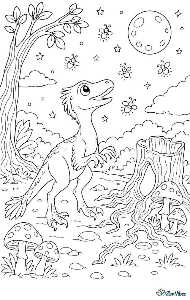 A troodon explores a moonlit clearing, looking up at fireflies while starry skies, pale mushrooms, twisted roots, and a hollow stump create a quiet nighttime scene.