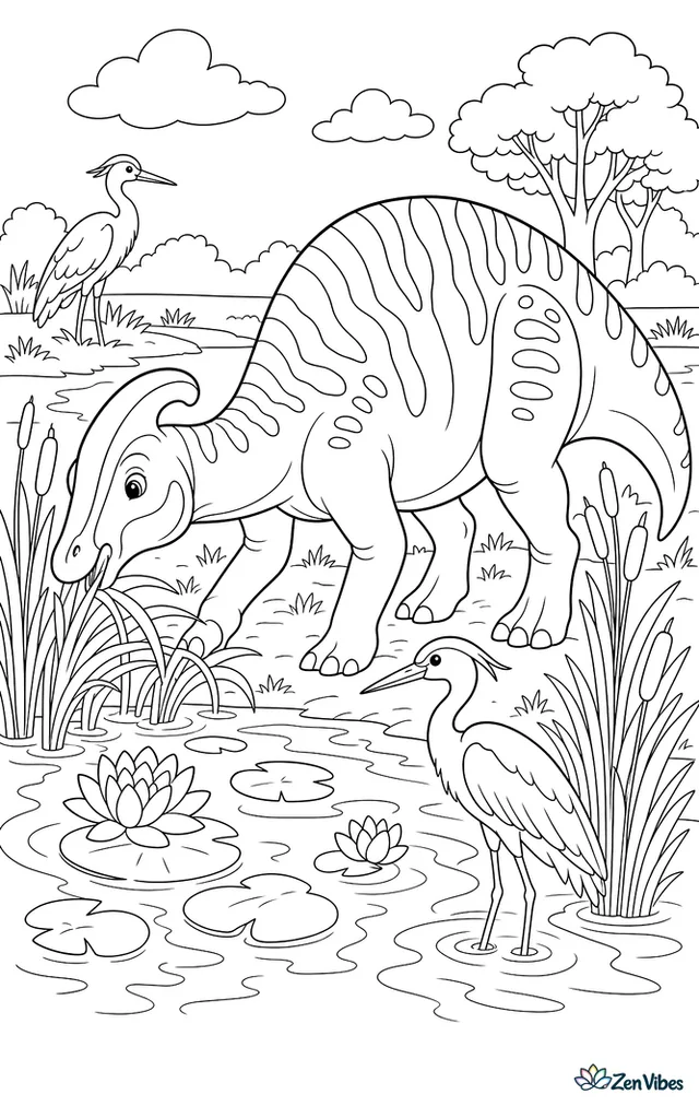 A hadrosaurus grazes beside a marsh edge, reaching for reeds while lily pads, rippling water, heron-like birds, bulrushes, and distant trees spread across the wetland.