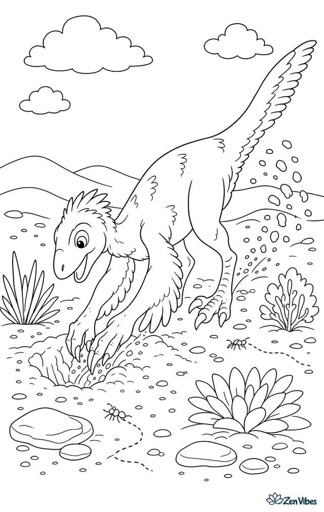 A mononykus digs at a burrow in sandy ground, tossing grains behind while hardy plants, insect trails, sun-baked stones, and low dunes shape the dry landscape.