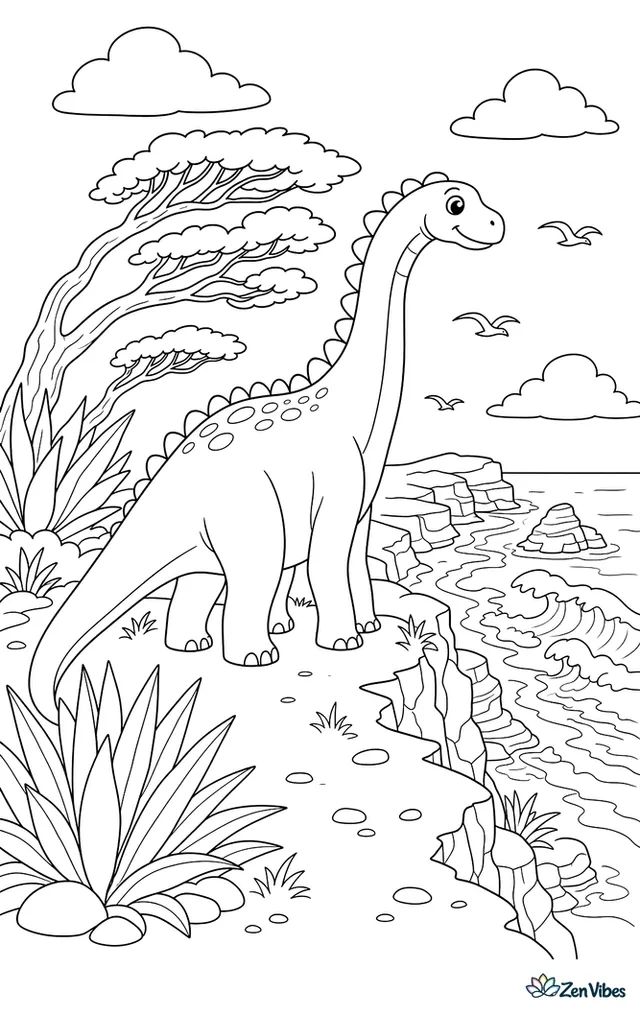 An amargasaurus stands on a cliffside path, gazing over a coastline where waves break below and agaves, seabirds, layered rocks, and wind-bent trees fill the view.