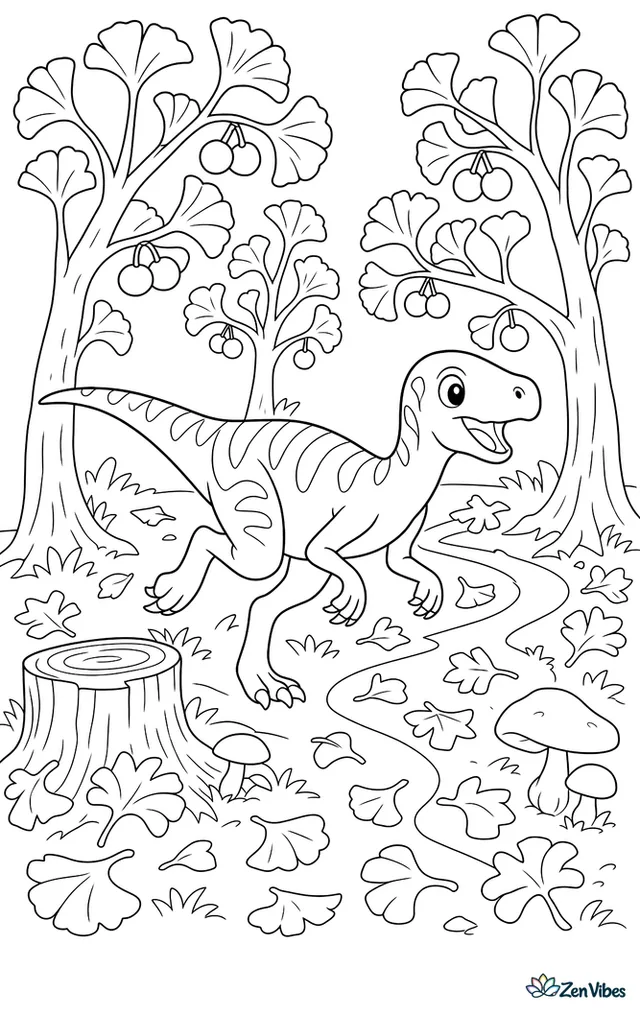 A hypsilophodon darts through a grove of fruiting ginkgo trees, weaving around fallen leaves, mushrooms, a wooden-looking stump, and a winding path between trunks.