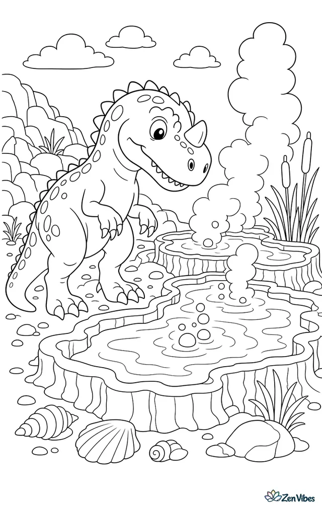 A ceratosaurus stands beside steaming hot springs, watching bubbles rise while mineral terraces, reeds, scattered shells, and rocky slopes encircle the warm pools.