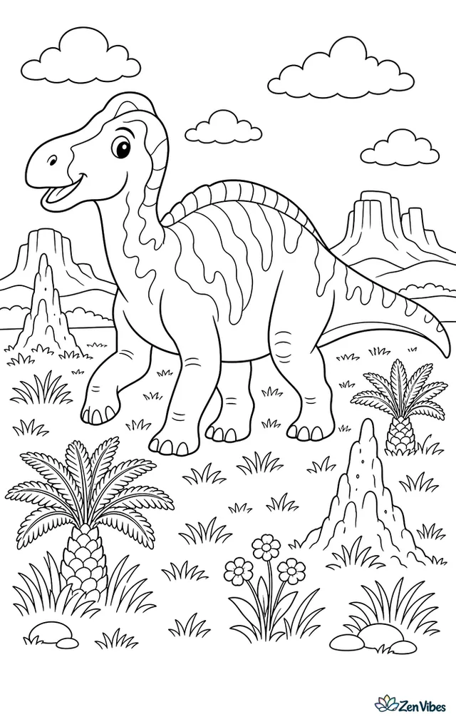 A shantungosaurus lumbers across an open plain dotted with cycads, passing termite-mound shapes, wildflowers, distant mesas, and a cloud-filled sky over waving grasses.