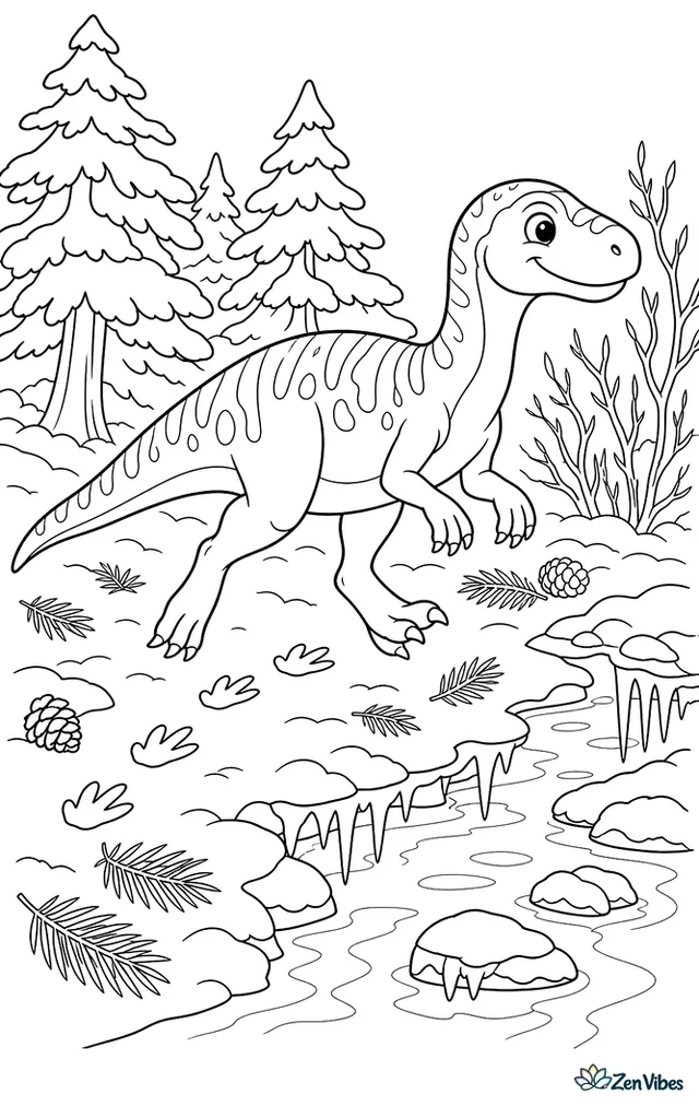 A leaellynasaura trots through a lightly snowy forest, leaving prints among evergreen needles while bare shrubs, icicles, fallen cones, and a frozen creek line the scene.