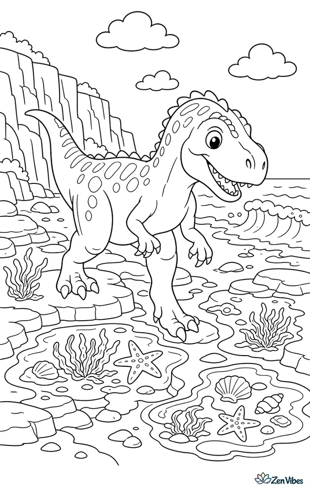 A majungasaurus explores a rocky shoreline at low tide, stepping between tide pools where shells, seaweed, starfish, cliffs, and foam-edged waves create texture.