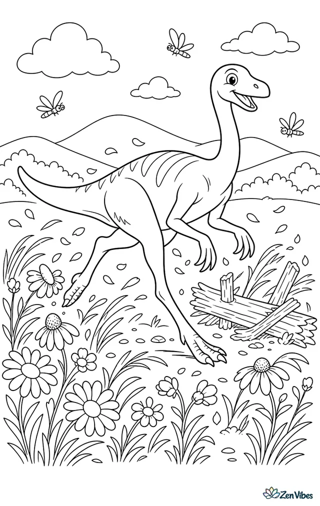 An ornithomimus runs through a field of prehistoric wildflowers, scattering petals while grasses bend, insects hover, a split-rail-looking fallen trunk lies nearby, and hills roll behind.