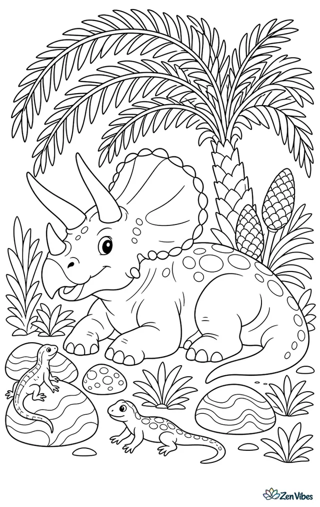 A torosaurus rests in a cycad grove, sheltering under broad fronds while patterned stones, seed cones, lizards, and layered undergrowth surround its sturdy body.