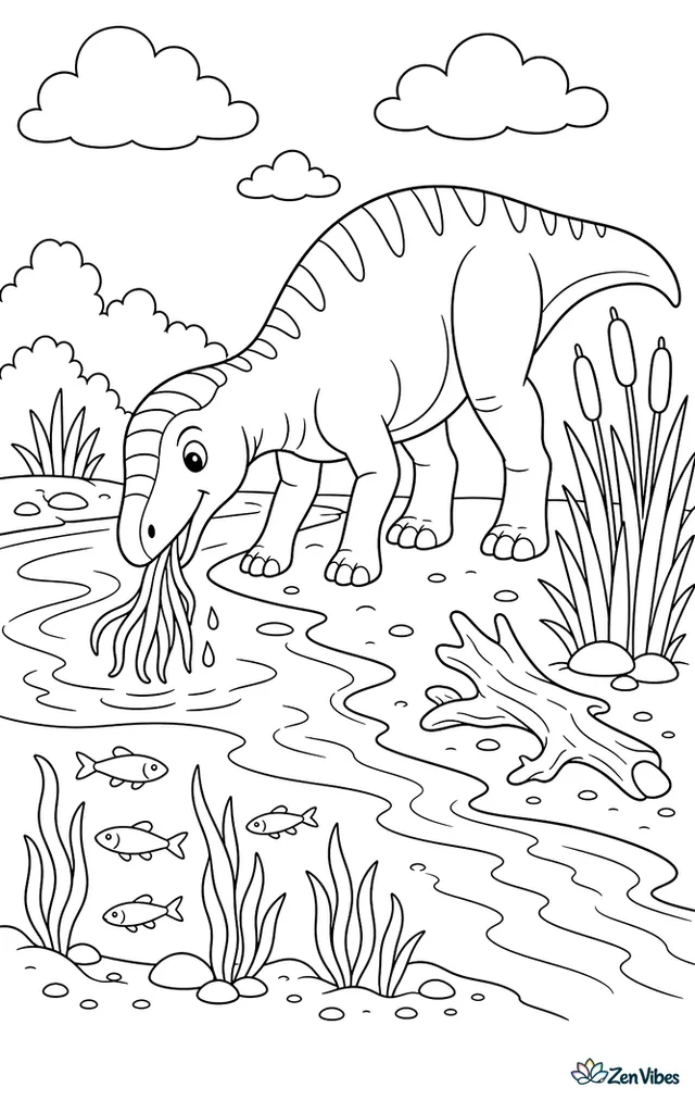 An edmontosaurus feeds at a riverbend, tugging water plants while minnows flicker below and sandbars, driftwood, tall reeds, and cottony clouds add detail around the bank.