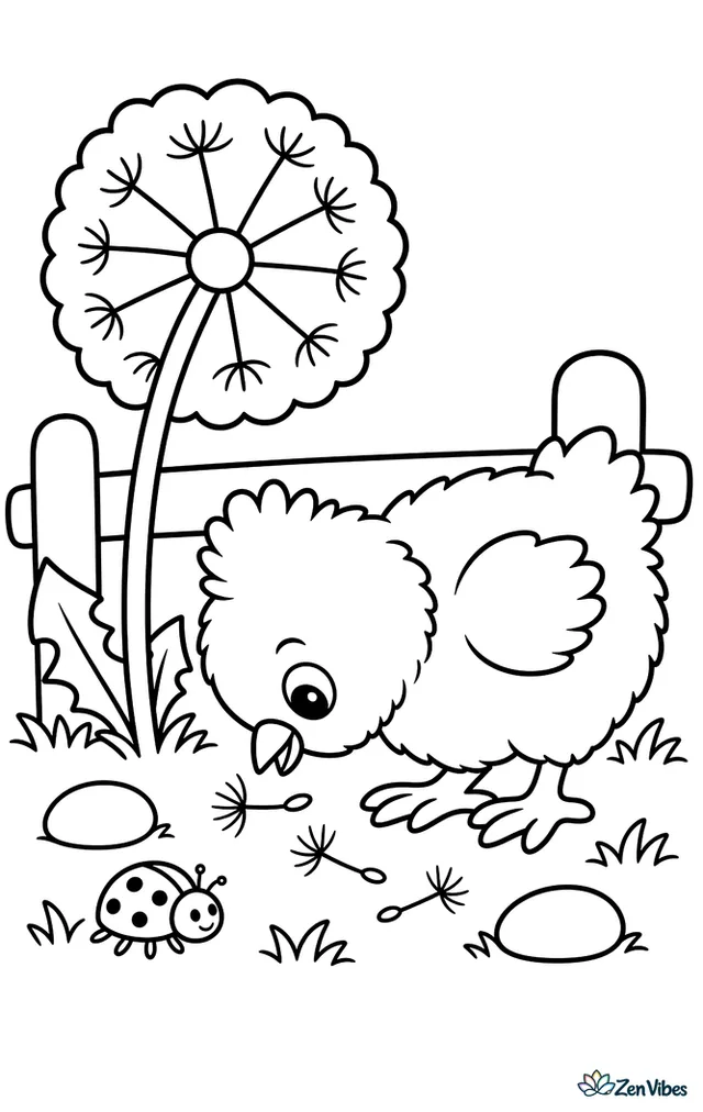 A fluffy yellow Silkie chick stands beside a giant dandelion puff, pecking fallen seeds in short grass with two round stones, a ladybug, and a simple fence rail behind it.
