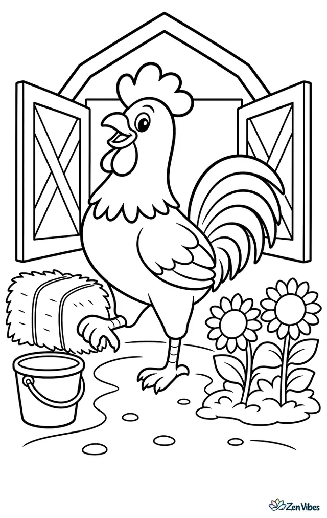 A Plymouth Rock rooster struts proudly in front of an open barn door, lifting one foot on a dirt path with a bucket, hay bale, and low sunflower patch nearby.