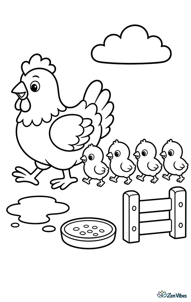 A Rhode Island Red hen leads four tiny chicks in a neat line across a farmyard, passing a puddle, a seed dish, and a short wooden fence under a simple cloud.
