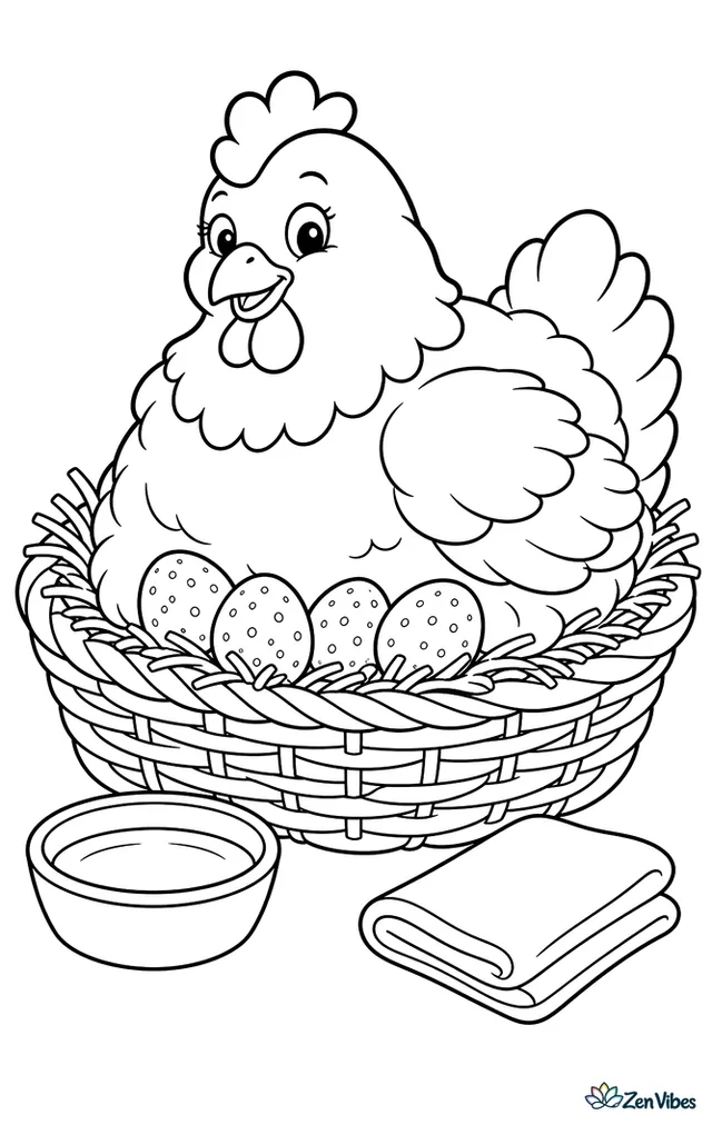 A fluffy Cochin hen sits broody in a wicker basket nest, guarding speckled eggs with straw tucked around her, while a small water bowl and folded cloth rest nearby.
