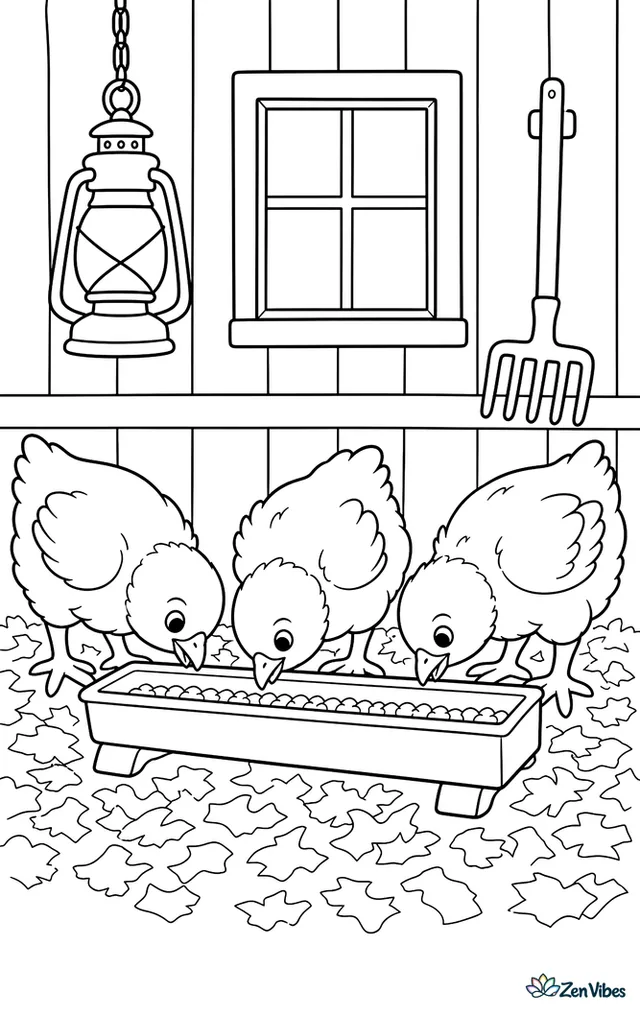 Three Jersey Giant chicks peck from a long feed trough inside a clean coop, surrounded by pine shavings, a hanging lantern, a rake on the wall, and a square window.