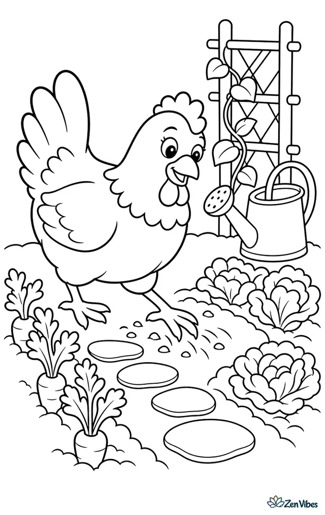 A White Leghorn hen strolls down a vegetable garden path, scratching near carrot tops and lettuce rows with stepping stones, a watering can, and a trellis in the background.