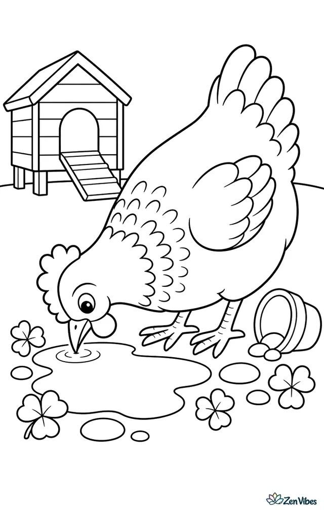 A Sussex hen pauses to drink from a rain puddle in the yard, with smooth pebbles, clover leaves, a tipped flowerpot, and a simple chicken coop behind her.