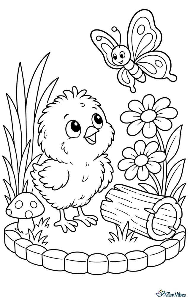 A tiny Frizzle chick watches a butterfly hover above daisies, standing beside a split log with tall grass, a mushroom, and a curved garden border around the scene.
