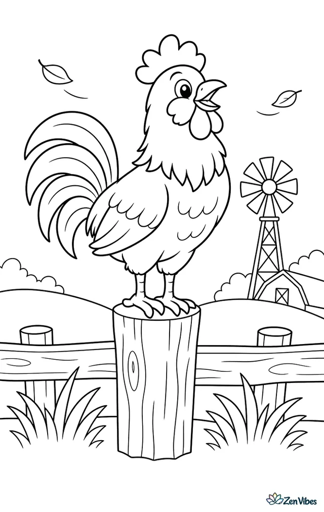 A colorful Easter Egger rooster balances on a fence post, looking over a pasture with a windmill, tufts of grass, a distant barn roof, and two fluttering leaves.