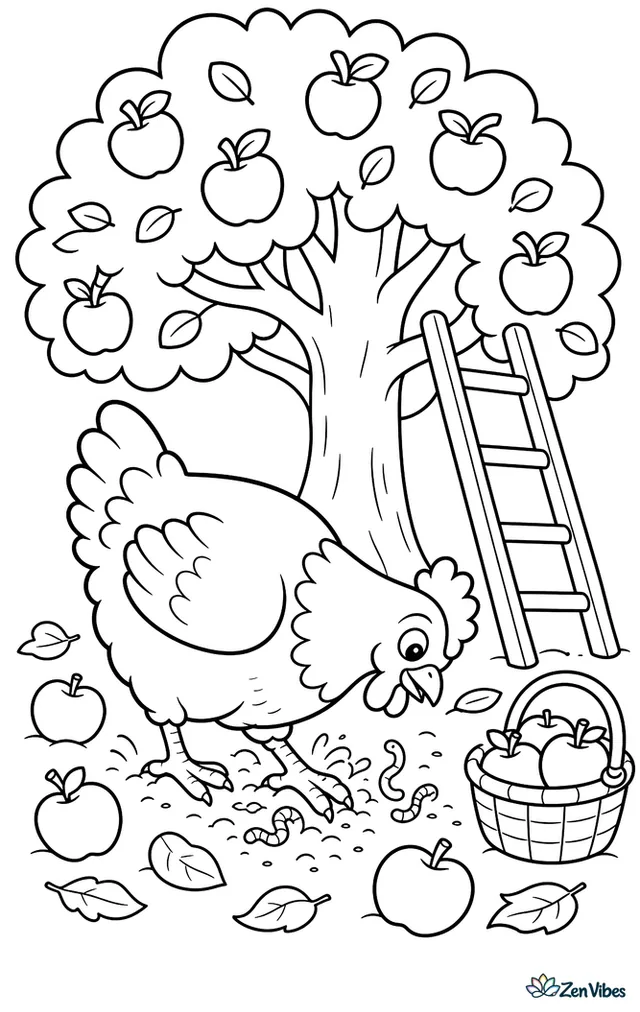 A Marans hen scratches beneath an apple tree in a small orchard, uncovering worms among fallen apples, leaves, a basket, and a ladder leaning against the trunk.