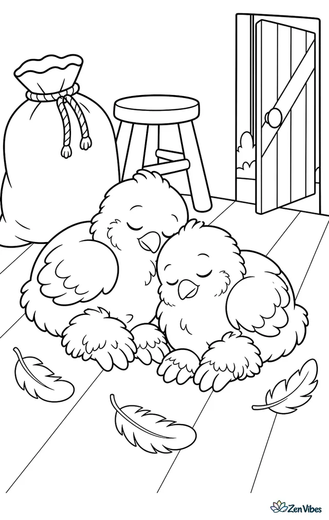 Two Brahma chicks nap in a warm sunbeam on the coop floor, nestled by a grain sack, a wooden stool, and a few drifting feathers near a half-open door.