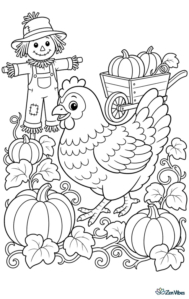 A Welsummer hen explores a pumpkin patch, stepping between curling vines and broad leaves while a scarecrow, garden sign, and rustic wheelbarrow fill the cheerful autumn scene.