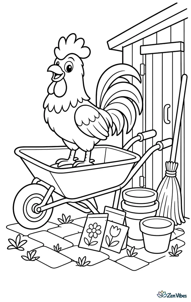 A Polish rooster perches inside an empty wheelbarrow as it rests beside a shed, surrounded by stacked flowerpots, a broom, seed packets, and small weeds between bricks.