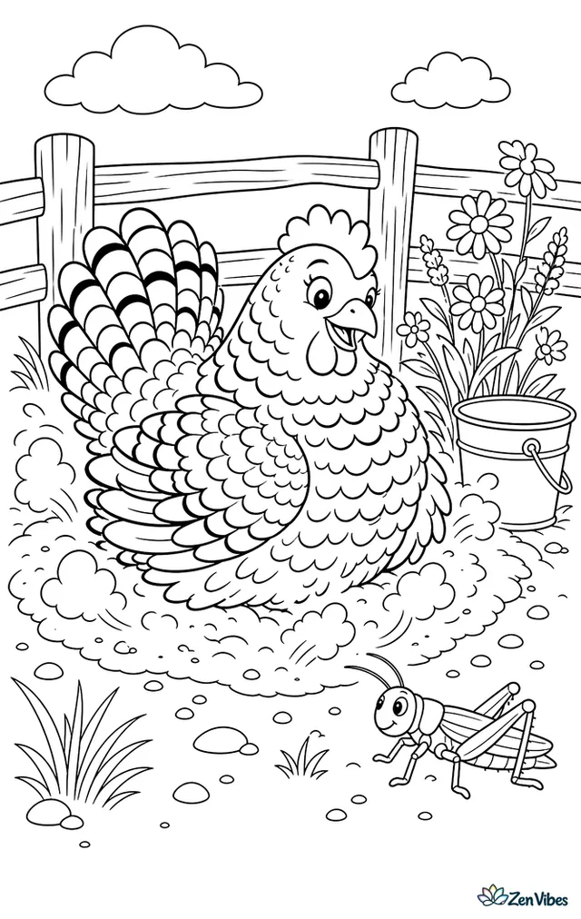 A Dominique hen fluffs her feathers in a dusty hollow, kicking up little clouds beside a split-rail fence, wildflowers, a tin pail, and a curious grasshopper nearby.
