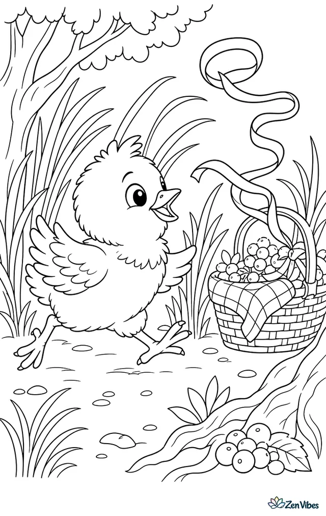 A Vorwerk chick trots through ribbon grass chasing a curling ribbon blown from a picnic basket, with berries, a checkered cloth, and tree roots framing the playful scene.