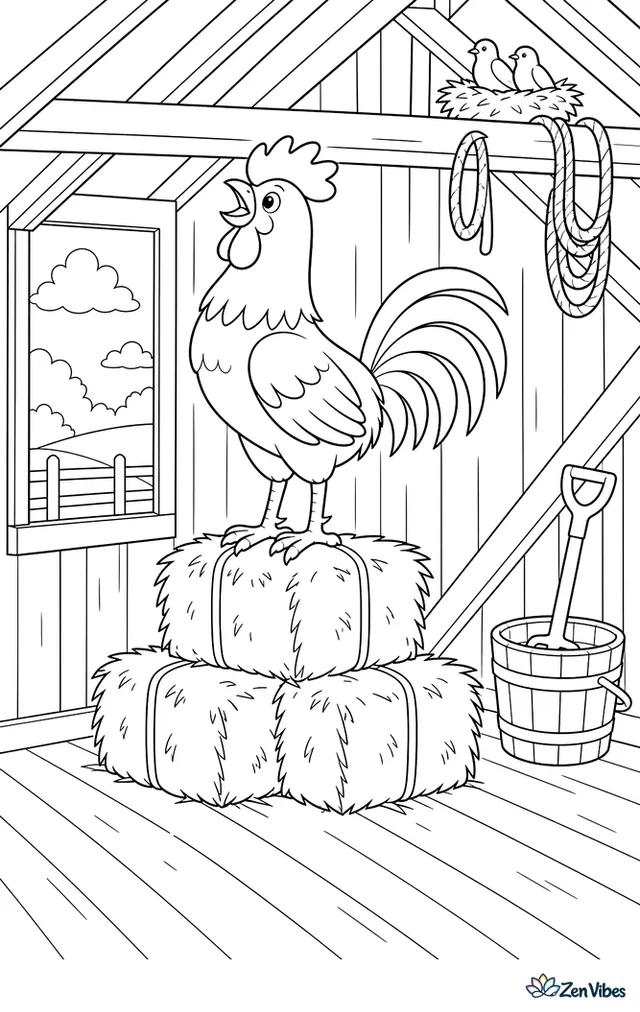 A Delaware rooster stands on stacked hay bales inside a barn loft, crowing toward rafters where ropes hang, swallows nest, and sunbeams stripe the wooden floor.
