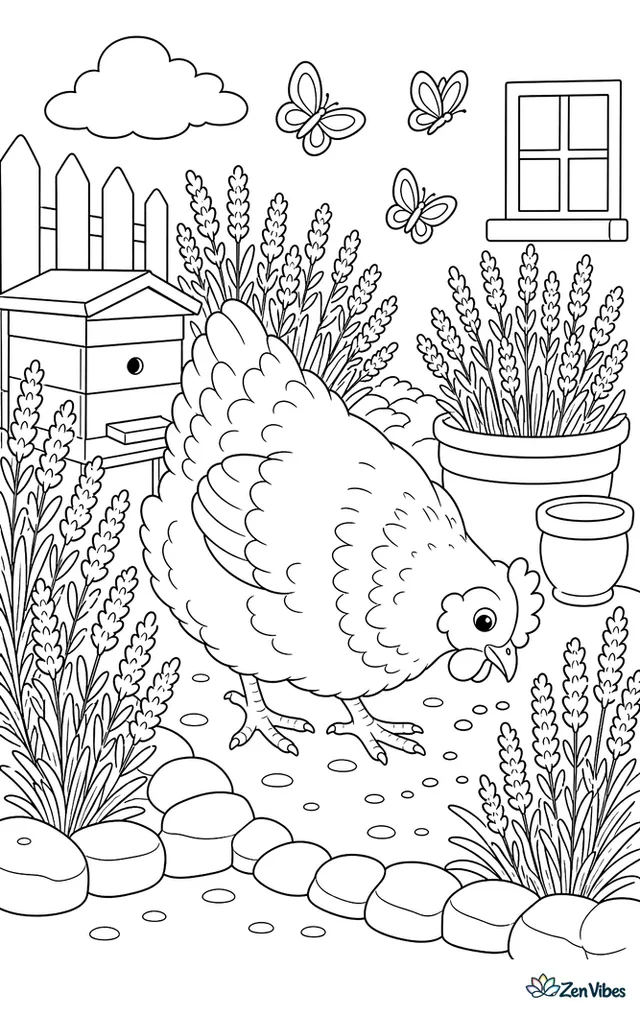 A Lavender Orpington hen wanders between fragrant lavender rows, pecking near a bee box, clay pots, and a stone border while butterflies flutter over the garden path.