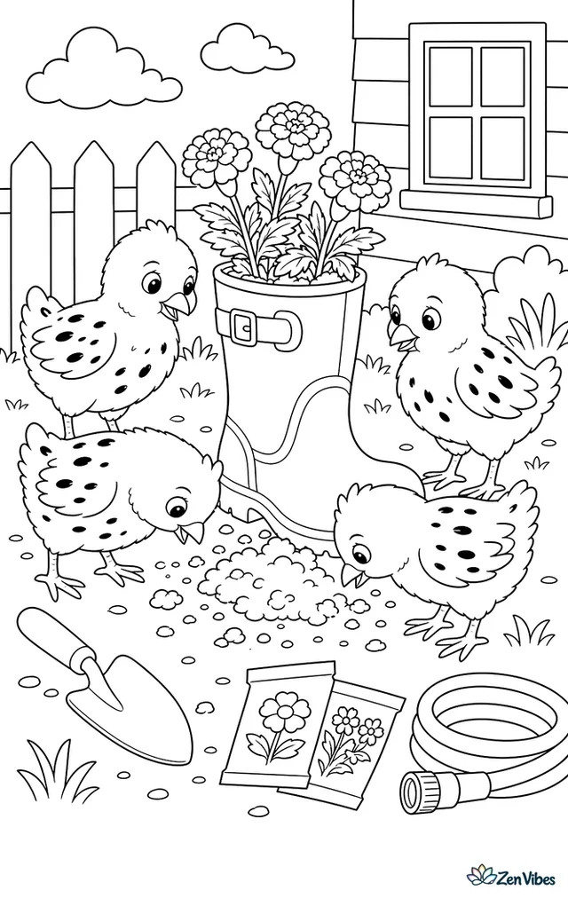 Four Ancona chicks investigate an old rain boot used as a planter, circling marigolds and spilled soil with a trowel, seed packets, and a garden hose nearby.