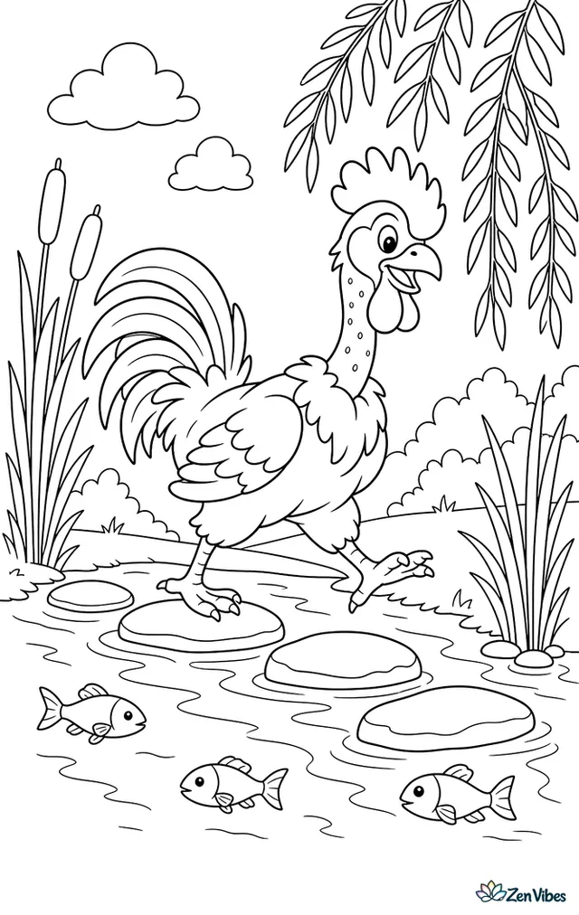 A Naked Neck rooster steps carefully across flat stones in a shallow creek, with reeds, cattails, minnows, and overhanging willow branches creating a lively countryside setting.