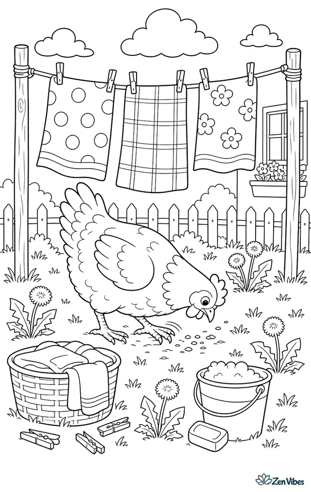 A New Hampshire hen scratches beneath a backyard clothesline, where patterned towels flutter above a basket, clothespins, soap bucket, and patchy grass dotted with dandelions.