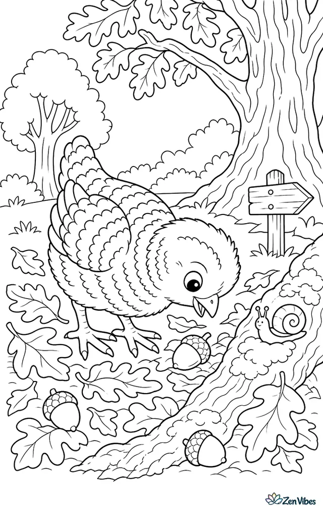 A barred Plymouth Rock chick searches for acorns at the edge of an oak grove, among curled leaves, mossy roots, a snail, and a small wooden signpost.